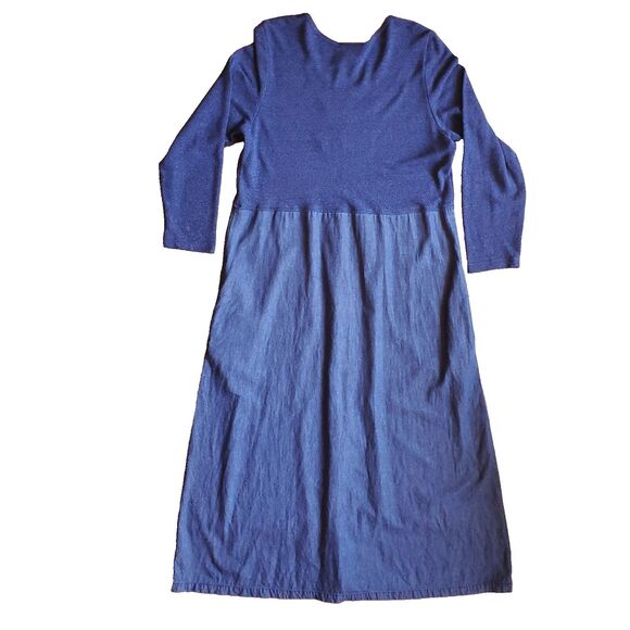 Vintage LS Maxi Dress Sz XL Blue Teacher Lagenlook 80s Bird Patch Knit & Woven - Picture 3 of 12